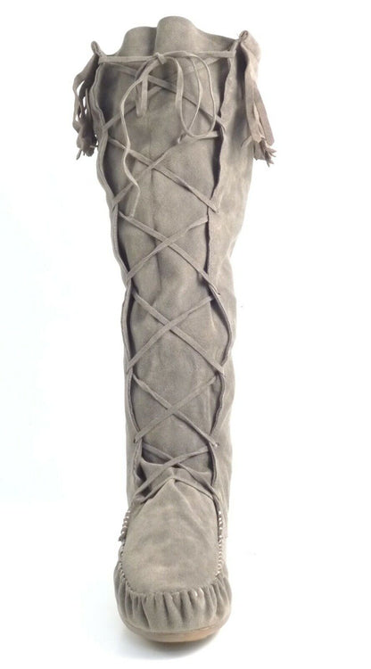 LADIES WOMENS FLAT BOHO MUKLAK FRINGE FAUX SUEDE PULL ON KNEE BOOTS SHOES SIZE 