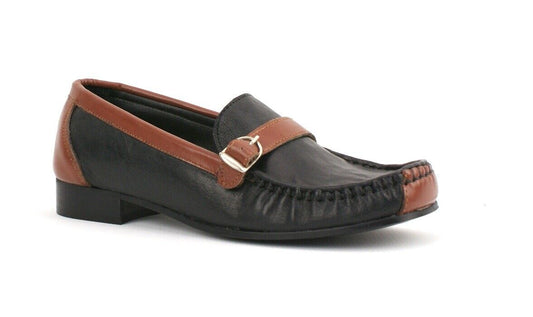 LADIES WOMENS REAL LEATHER FLAT BLOCK HEEL BLACK TAN LOAFERS PUMPS SHOES SIZE 