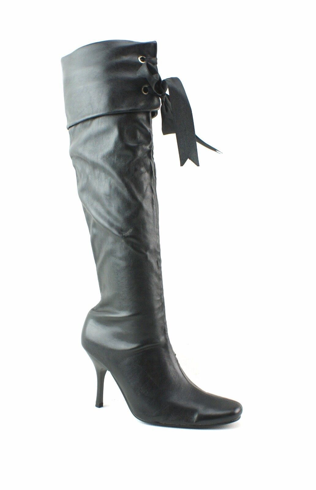 LADIES WOMENS BLACK KNEE BOOTS HIGH HEEL PIRATE STYLE RIBBON CUFF SHOES SIZE 