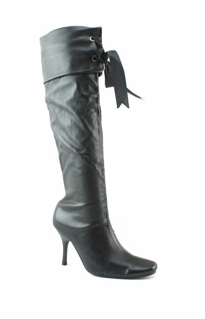 LADIES WOMENS BLACK KNEE BOOTS HIGH HEEL PIRATE STYLE RIBBON CUFF SHOES SIZE 
