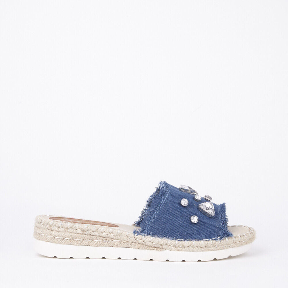 LADIES WOMENS FLAT ESPADRILLE SLIP ON DENIM DIAMANTE EMBELLISHED MULE SANDALS 