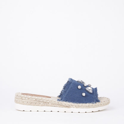LADIES WOMENS FLAT ESPADRILLE SLIP ON DENIM DIAMANTE EMBELLISHED MULE SANDALS 