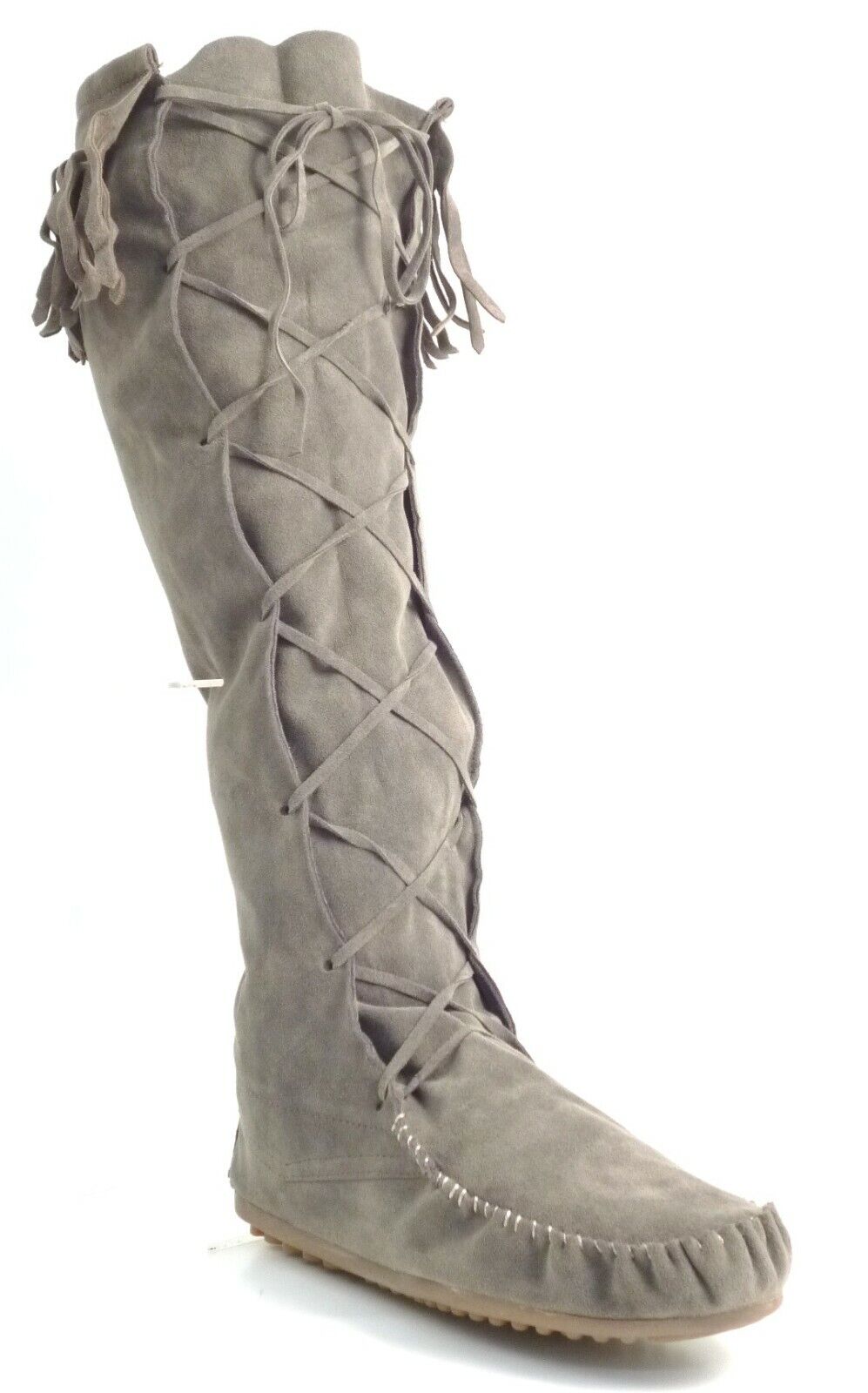 LADIES WOMENS FLAT BOHO MUKLAK FRINGE FAUX SUEDE PULL ON KNEE BOOTS SHOES SIZE 