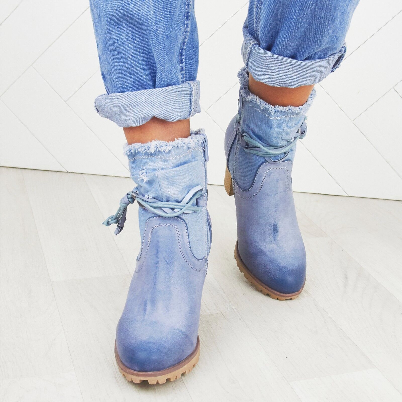 WOMENS LADIES BLOCK HEEL ANKLE DENIM DESIGN FASHION GRIP SOLE BOOTS SHOES SIZE