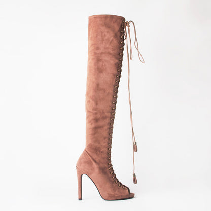 Ally Lace Up Thigh High Boots With Stiletto Heel
