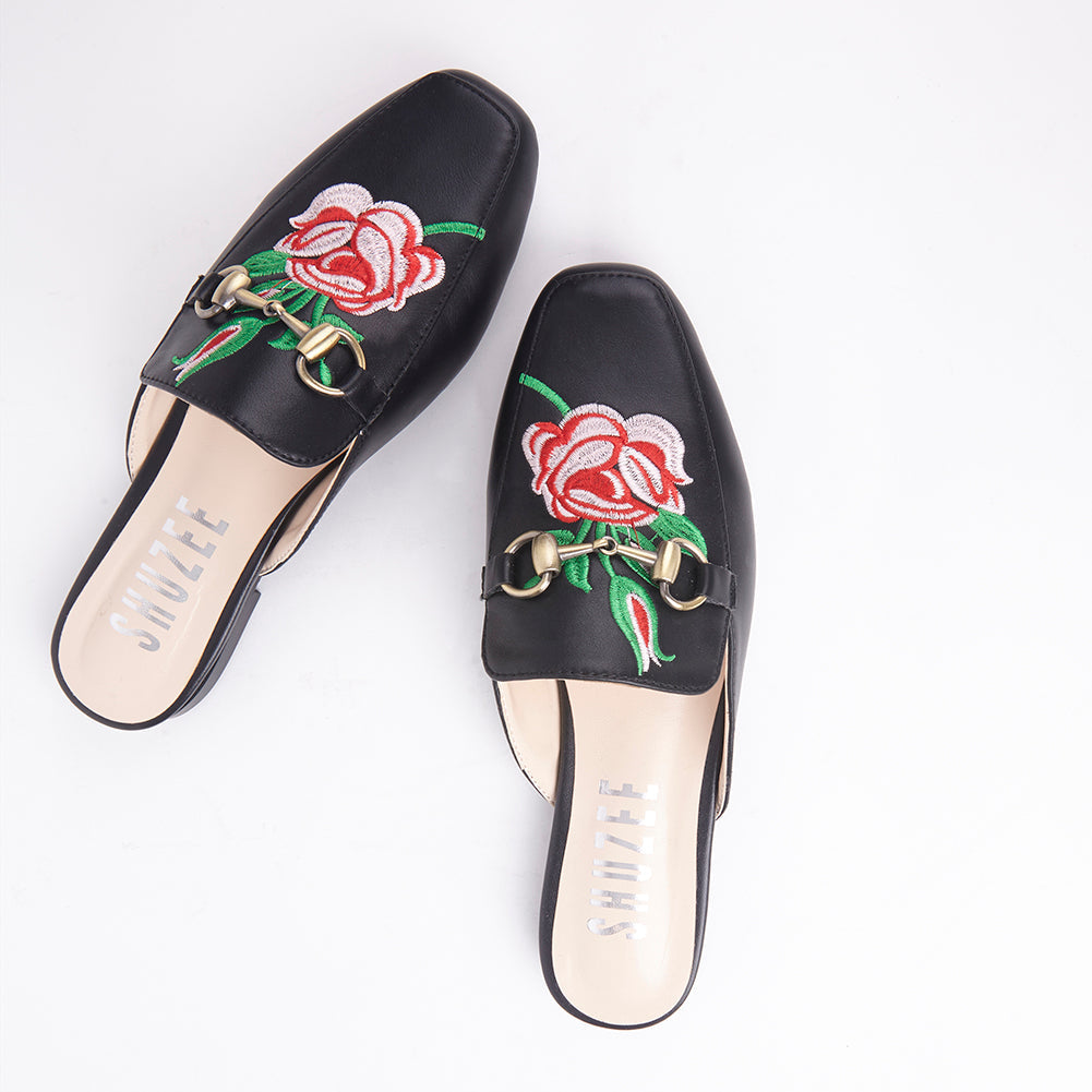 Cheska Embroidered Floral Faux Leather Flat Mule
