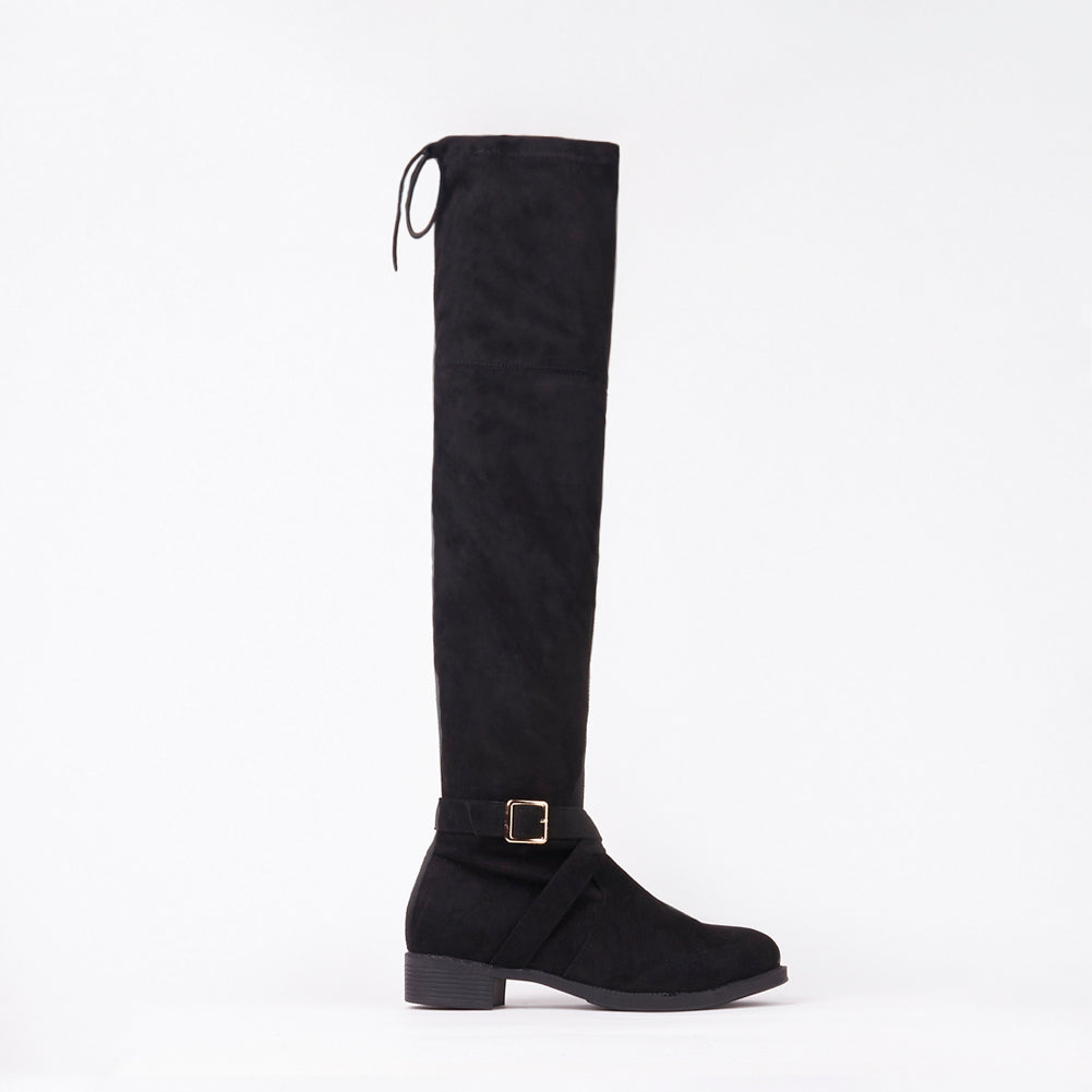 Jackie Faux Suede Knee High Buckle Boots