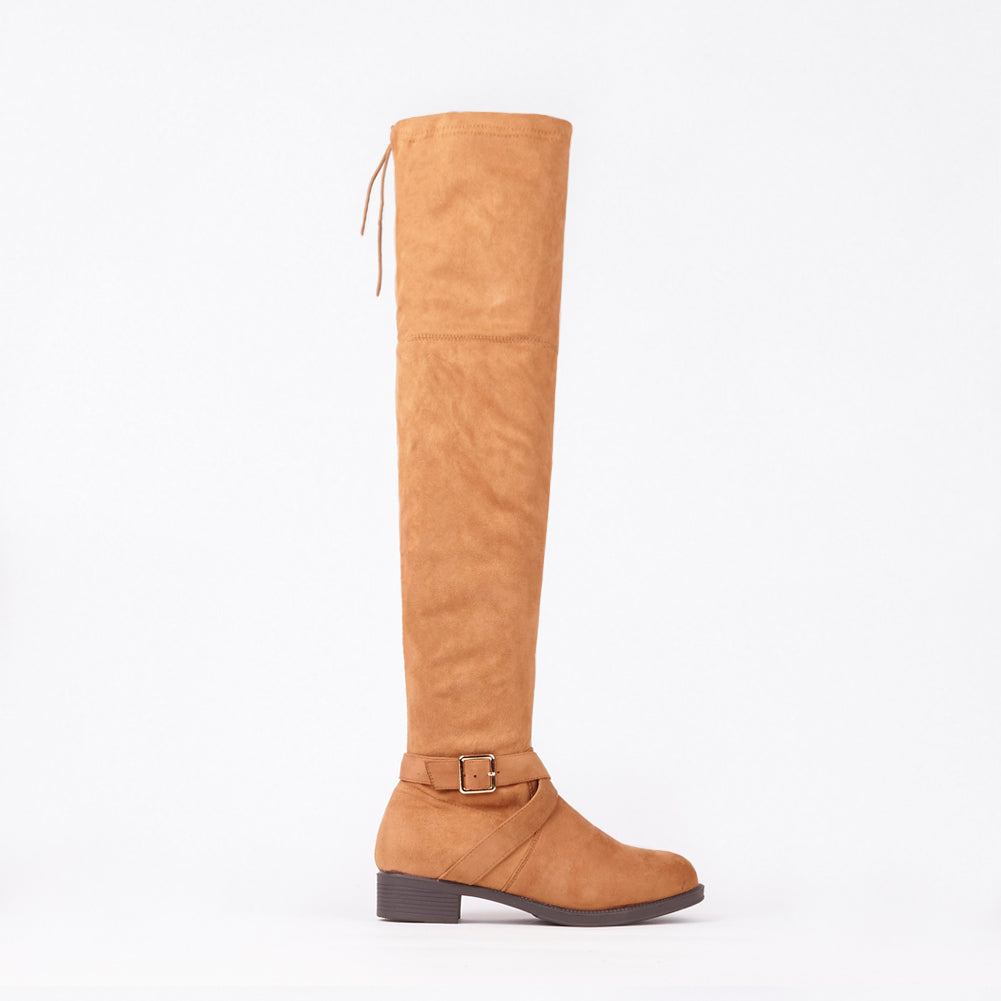 Jackie Faux Suede Knee High Buckle Boots