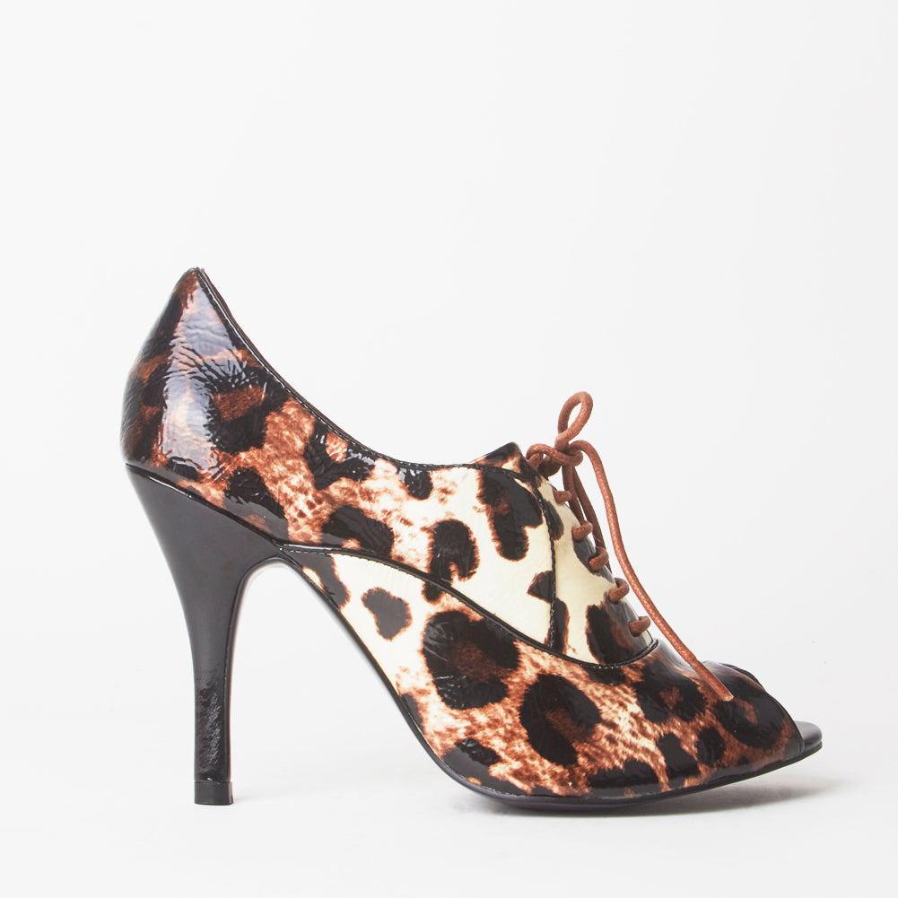 Kat Leopard Print Open Toe Lace Up Heels