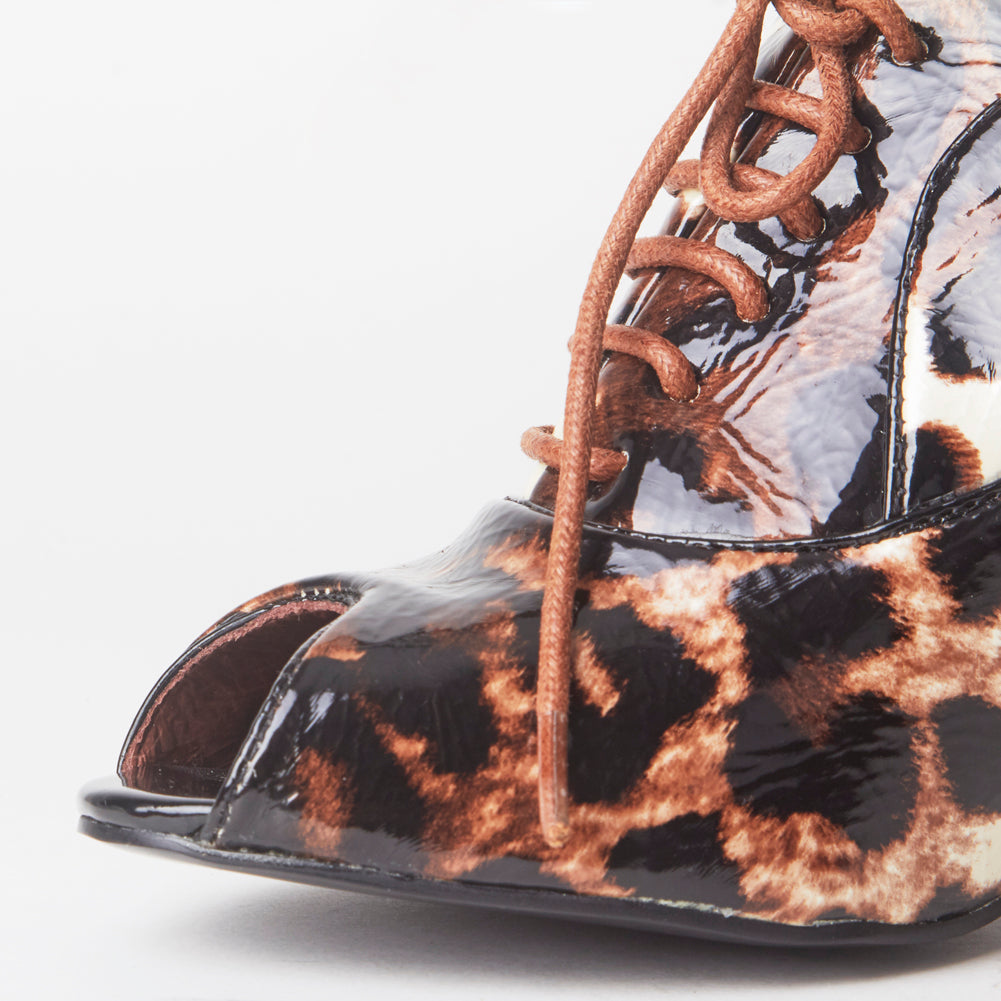 Kat Leopard Print Open Toe Lace Up Heels