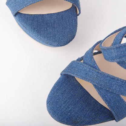 Kate Denim Wood Block Heel Strappy Sandals