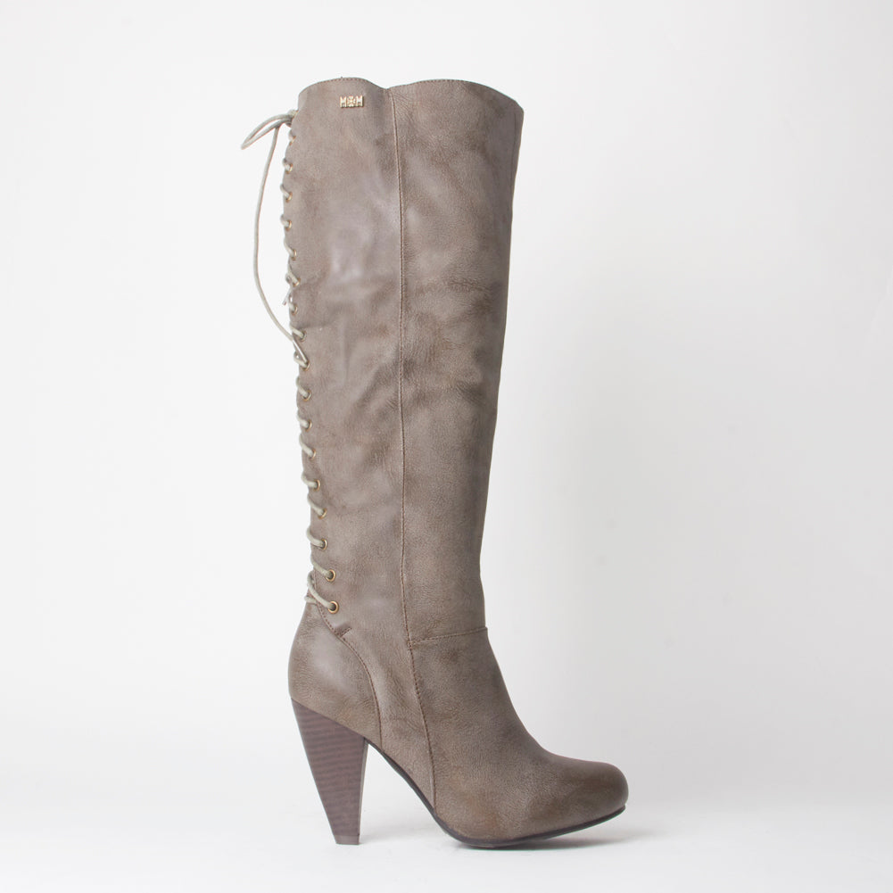 Corset Lace Detail Block Heel Faux Leather Knee High Boot
