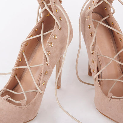 Tessa Lace Up Suede Pointed Court Heels