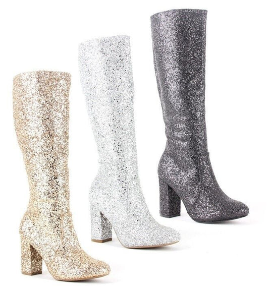 India Glitter Knee High Block Heel Boots