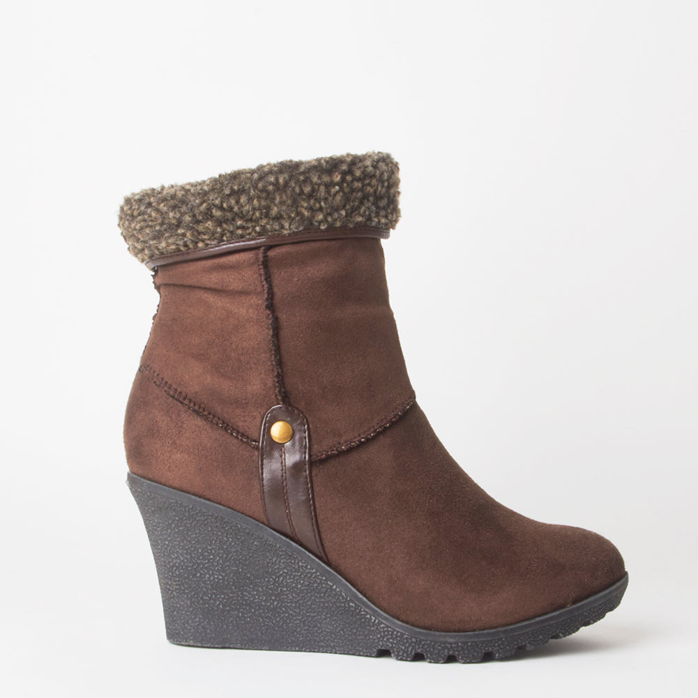 Dominique Brown Fur Wedge Ankle Boots